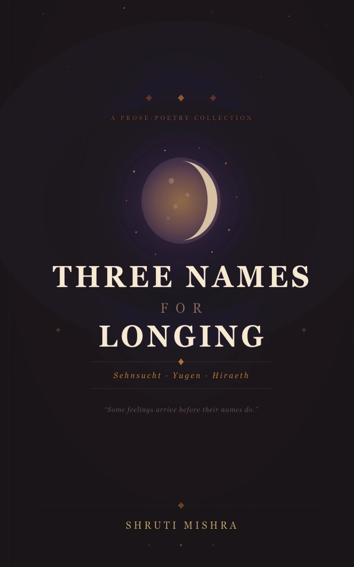 Midnight-purple cover of Three Names for Longing with a crescent moon