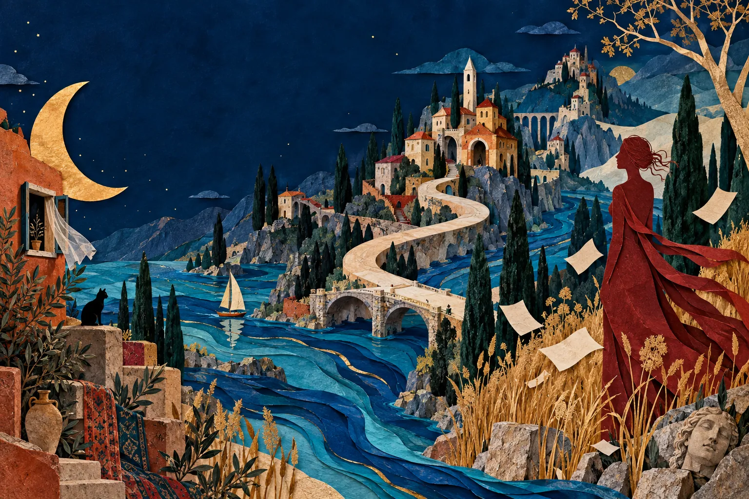 An imagined illustrated landscape with a crescent moon, a winding road, a river, and a woman in red among loose pages